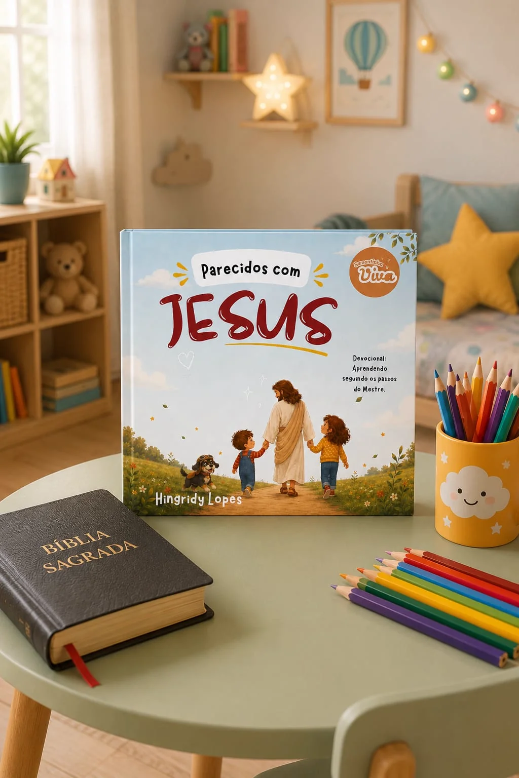 Livro Parecidos com Jesus em ambiente infantil, ao lado de uma Bíblia e materiais de atividades