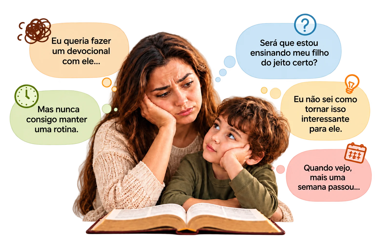 Mãe e filho diante de uma Bíblia aberta, com cinco pensamentos: eu queria fazer um devocional com ele; será que estou ensinando meu filho do jeito certo; mas nunca consigo manter uma rotina; eu não sei como tornar isso interessante para ele; quando vejo, mais uma semana passou.