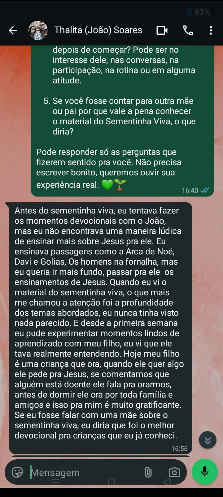 Print original do depoimento de Thalita, parte 1 de 2