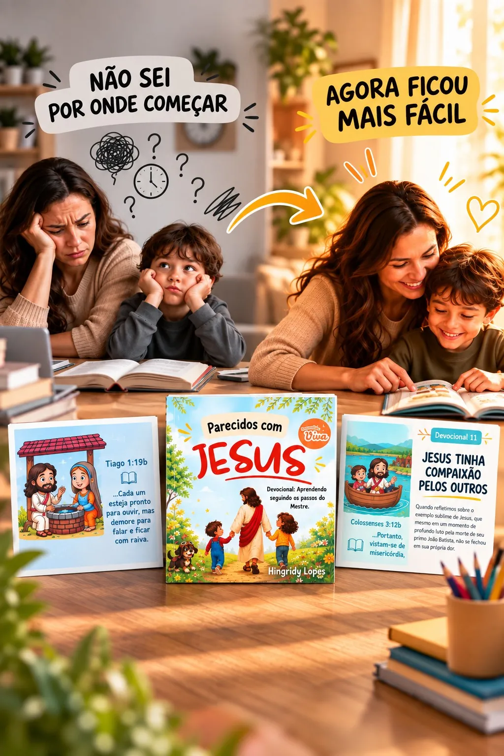 Livro Parecidos com Jesus aberto ao lado de uma mãe e seu filho lendo juntos